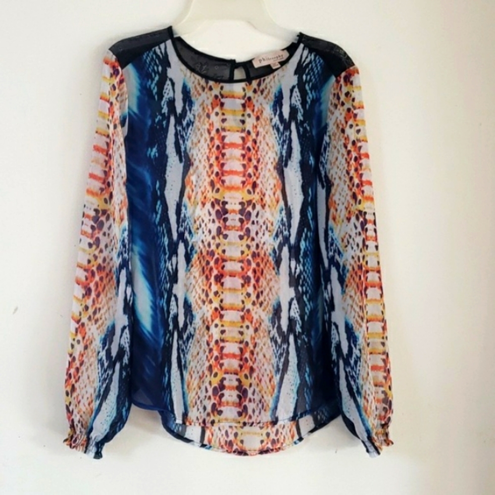 PHILOSOPHY Snake-Print Semi-sheer Multicolor Black Shoulder Lace Trim Top XS - Picture 4 of 16
